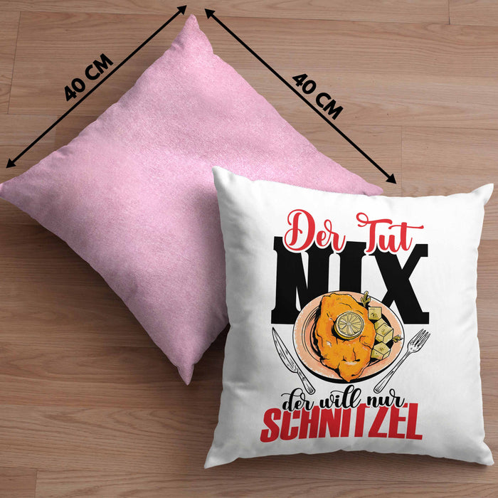 Schnitzel Kissen mit Füllung 40x40 "Der tut nix, der will nur Schnitzel" Geschenkidee für Schnitzelliebhaber (Grau) Rosa Trendation