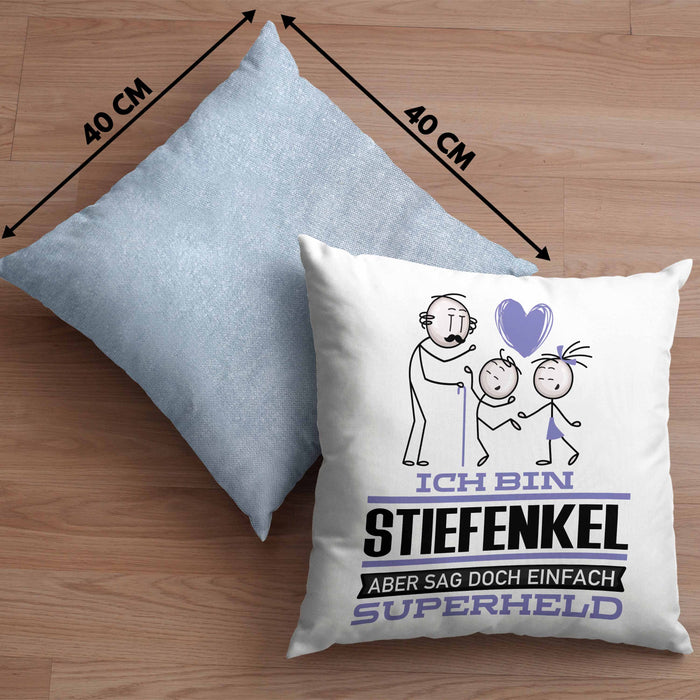 Stiefenkel Geschenk Kissen mit Füllung 40x40 Ich Bin Stiefenkel Aber Sag Doch Einfach Superheld Lustige Geschenkdiee für Stiefenkel (Grau) Blau Trendation