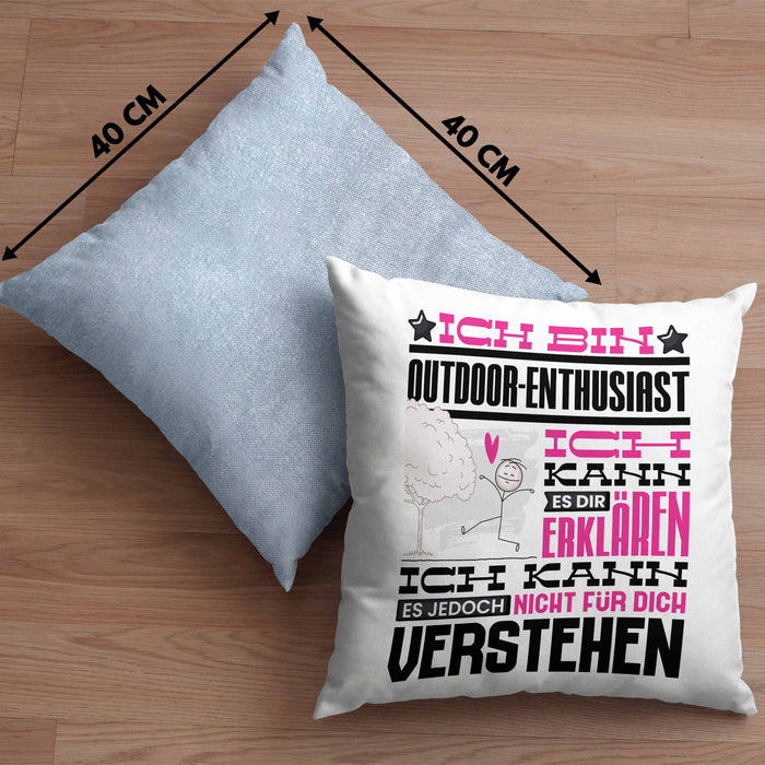 Outdoor-Enthusiast Geschenk Kaffee-Kissen mit Füllung 40x40 Geschenkidee für Outdoor-Enthusiast Ich Bin Outdoor-Enthusiast Ich Kann Es Dir Erklären Jedoch Nicht Für Dich Verstehen Spruch Lustig (Grau) Blau Trendation