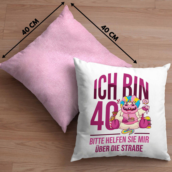 Lustige Kissen mit Füllung 40x40 zum 40. Geburtstag - Geschenkidee für Frauen Einhorn 40er Geburtstag (Grau) Rosa Trendation
