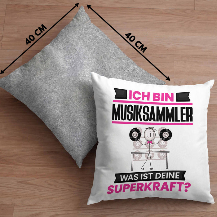 Musiksammler Kissen mit Füllung 40x40 Geschenk für Musiksammler Geburtstag Lustiger Spruch Was Ist Deine Superkraft (Grau) Grau Trendation