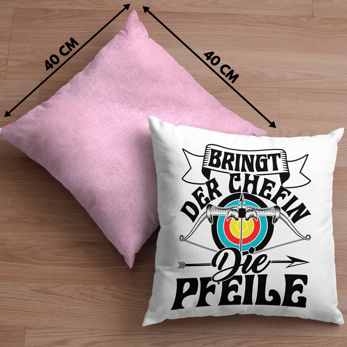 Bogenschützin Kissen mit Füllung 40x40 Geschenk Frauen Bogenschießen Geschenkidee Pfeil und Bogen (Grau) Rosa Trendation