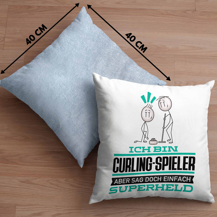 Curling-Spieler Geschenk Kissen mit Füllung 40x40 Ich Bin Curling-Spieler Aber Sag Doch Einfach Superheld Lustige Geschenkdiee für Curling-Spieler (Grau) Blau Trendation