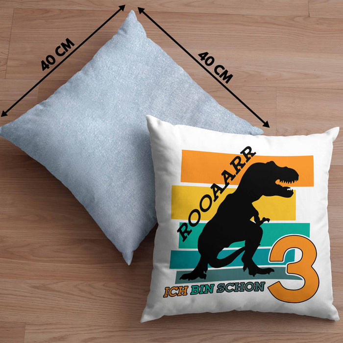 3. Geburtstag Jungs Dinosaurier Kissen mit Füllung 40x40 3er Geburtstag (Grau) Blau Trendation