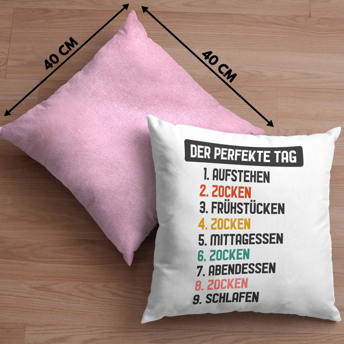Zocker Gamer Kissen mit Füllung 40x40 mit Spruch Geschenk Junge Jungs Gaming Der Perfekte Tag (Grau) Rosa Trendation
