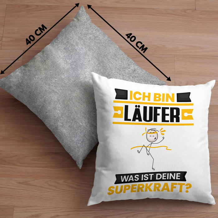 Läufer Kissen mit Füllung 40x40 Geschenk für Läufer Geburtstag Lustiger Spruch Was Ist Deine Superkraft (Grau) Grau Trendation