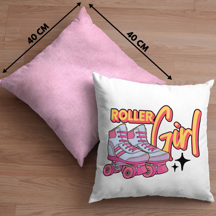 Lustige Rollschuh Kissen mit Füllung 40x40 Geschenk für Roller Girls "Roller Girl" Nostalgie 80er 90er Jahre (Grau) Rosa Trendation