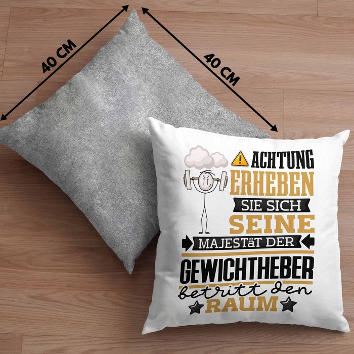 Gewichtheber Geschenk Kissen mit Füllung 40x40 Lustiger Spruch Erheben Sie Sich Der Gewichtheber Betritt den Raum (Grau) Grau Trendation