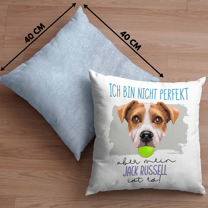 Jack Russell Besitzer Kissen mit Füllung 40x40 Geschenk Lustiger Spruch Geschenkidee Besitzerin Ich Bin Nicht toll Aber Mein Jack Russell Ist Es (Grau) Blau Trendation