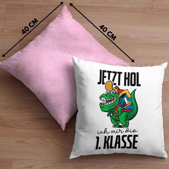 Kissen mit Füllung 40x40 Einschulung Dino T-rex Motiv Geschenk für Jungs in der 1. Klasse Schulstart (Grau) Rosa Trendation