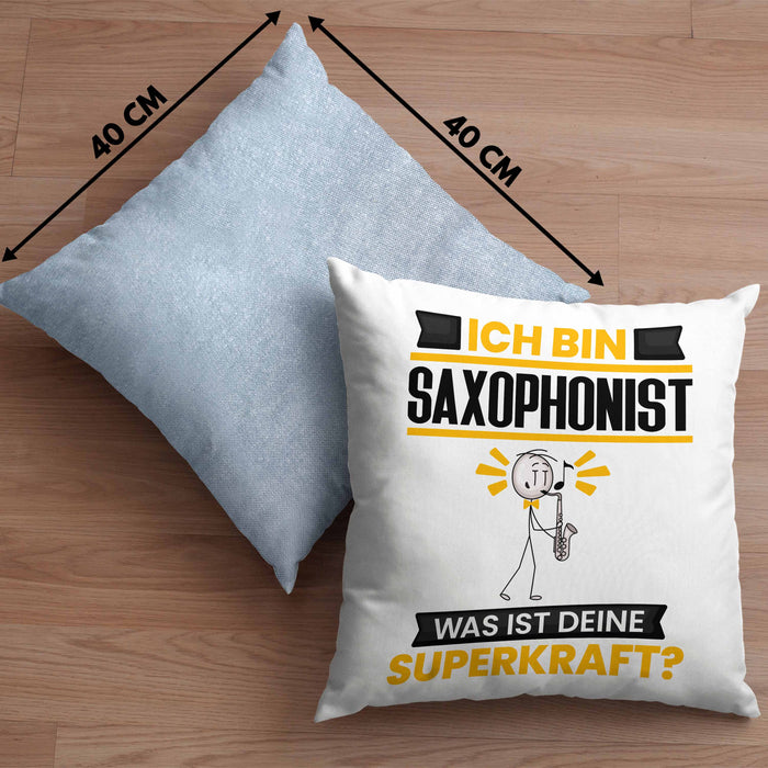 Saxophonist Kissen mit Füllung 40x40 Geschenk für Saxophonist Geburtstag Lustiger Spruch Was Ist Deine Superkraft (Grau) Blau Trendation
