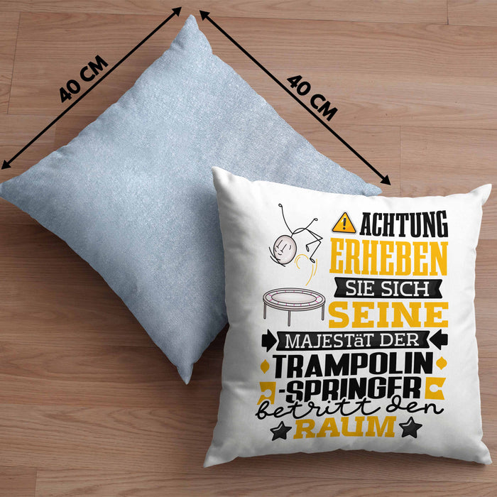 Trampolinspringer Geschenk Kissen mit Füllung 40x40 Lustiger Spruch Erheben Sie Sich Der Trampolinspringer Betritt den Raum (Grau) Blau Trendation