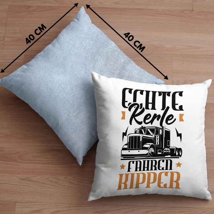 Kipper LKW Fahrer Geschenk Kissen mit Füllung 40x40 Lustiger Spruch Echte Kerle Fahren Kipper Geschenkidee (Grau) Blau Trendation