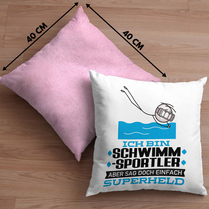 Schwimmsportler Geschenk Kissen mit Füllung 40x40 Ich Bin Schwimmsportler Aber Sag Doch Einfach Superheld Lustige Geschenkdiee für Schwimmsportler (Grau) Rosa Trendation