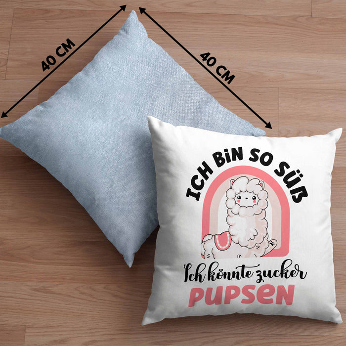 Geschenk für beste Freundin Kissen mit Füllung 40x40 Alpaka Llama Kissen mit Füllung 40x40 mit Spruch Ich Bin So Süß Ich Könnte Zucker Pupsen Geschenkidee für Frauen (Grau) Blau Trendation