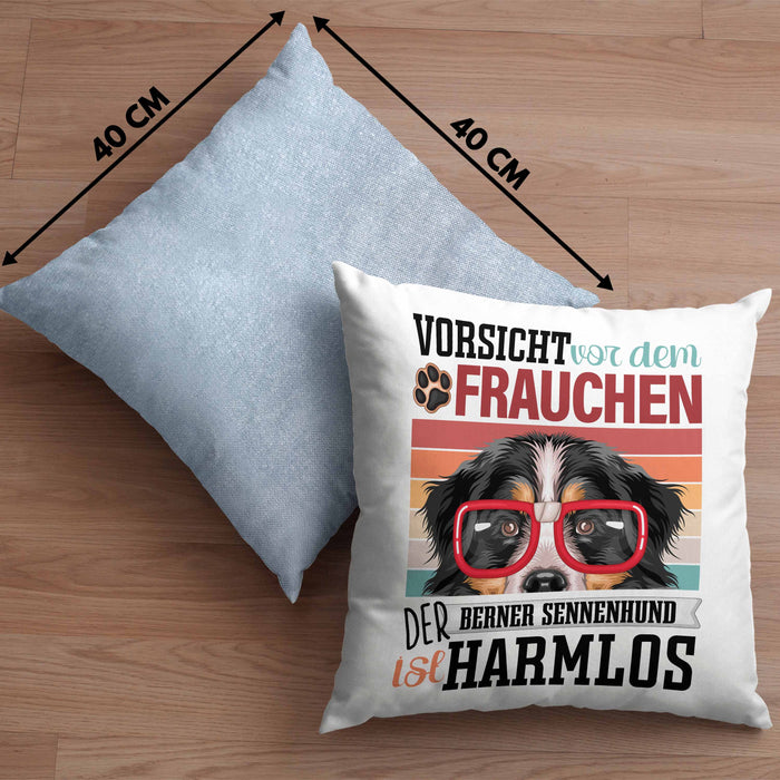 Berner Sennen Besitzerin Frauchen Kissen mit Füllung 40x40 Geschenk Lustiger Spruch Geschenkidee Vorsicht Vor Dem Frauchen (Grau) Blau Trendation