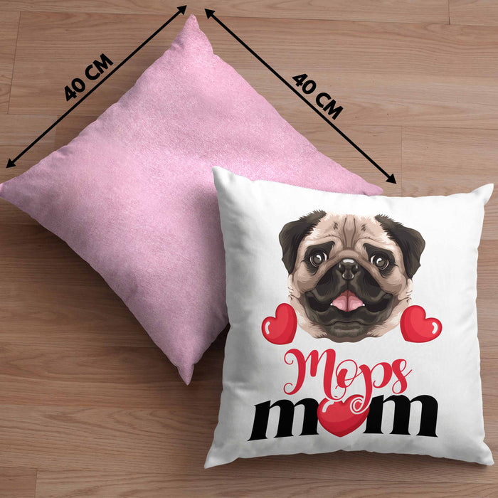 Mops Besitzer Mom Mama Kissen mit Füllung 40x40 Geschenk Lustiger Spruch Geschenkidee Mops Besitzerin (Grau) Rosa Trendation