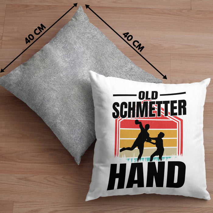 Handball Geschenk Kissen mit Füllung 40x40 Geschenkidee Handball-Spieler Handballspielerin Mädchen Jungs Old Schmetterhand (Grau) Grau Trendation
