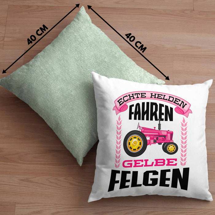 Landwirtin Spruch Frau Geschenk Kissen mit Füllung 40x40 Landwirtschaft Geschenke für Männer Traktor Spruch Echte Felgen (Grau) Grün Trendation
