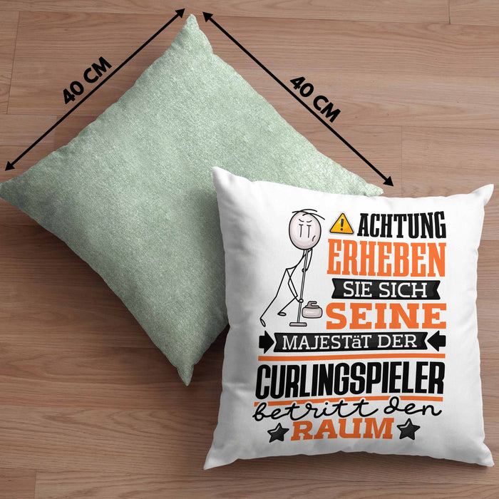 Curlingspieler Geschenk Kissen mit Füllung 40x40 Lustiger Spruch Erheben Sie Sich Der Curlingspieler Betritt den Raum (Grau) Grün Trendation