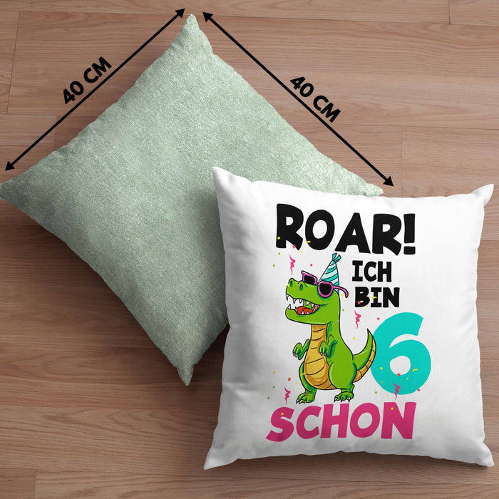 6. Geburtstag Kissen mit Füllung 40x40 Geschenk Lustiger Spruch Roar Ich Bin Schon 6 Dinosaurier Geschenkidee Geburtstag (Grau) Grün Trendation