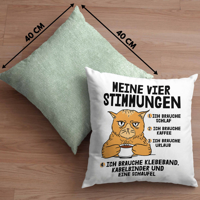 Katze Kissen mit Füllung 40x40 Geschenk Katzenbesitzerin Lustige Sprüche Kaffee Urlaub Müde Meine Vier Kaffeestimungen (Grau) Grün Trendation