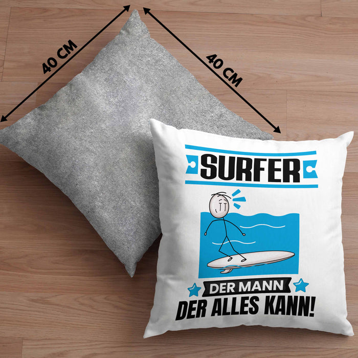 Surfer Kissen mit Füllung 40x40 Geschenk für Surfer Der Mann Der Alles Kann Geschenkidee zum Geburtstag (Grau) Grau Trendation