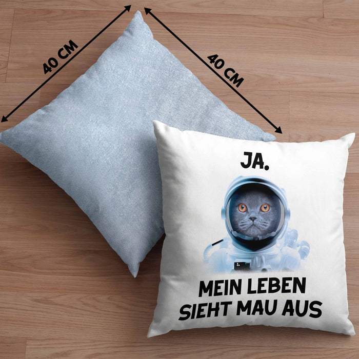 Dank Meme Kissen mit Füllung 40x40 Katzen Besitzer Wortspiel Ja Mein Leben Sieht Mau Aus Traurige Katze Geschenkidee Süße Katze Astronaut (Grau) Blau Trendation