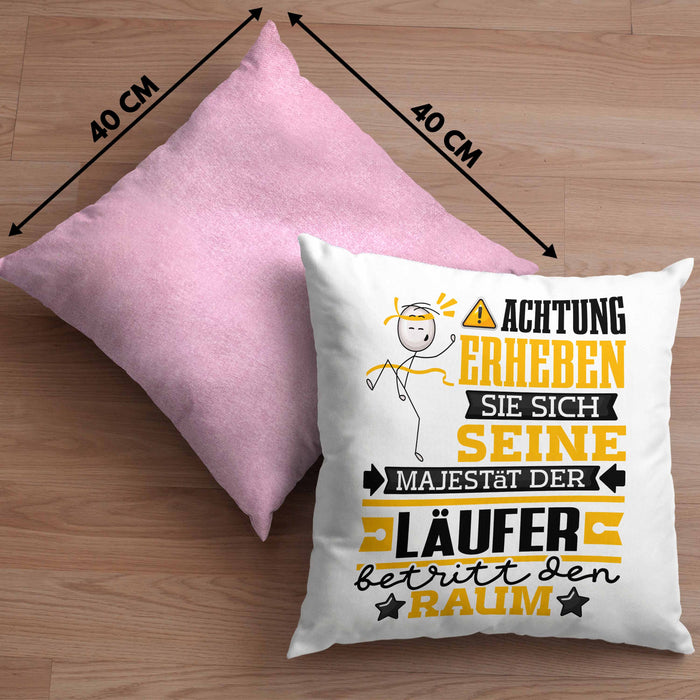 Läufer Geschenk Kissen mit Füllung 40x40 Lustiger Spruch Erheben Sie Sich Der Läufer Betritt den Raum (Grau) Rosa Trendation