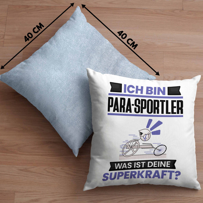 Para-Sportler Kissen mit Füllung 40x40 Geschenk für Para-Sportler Geburtstag Lustiger Spruch Was Ist Deine Superkraft (Grau) Blau Trendation