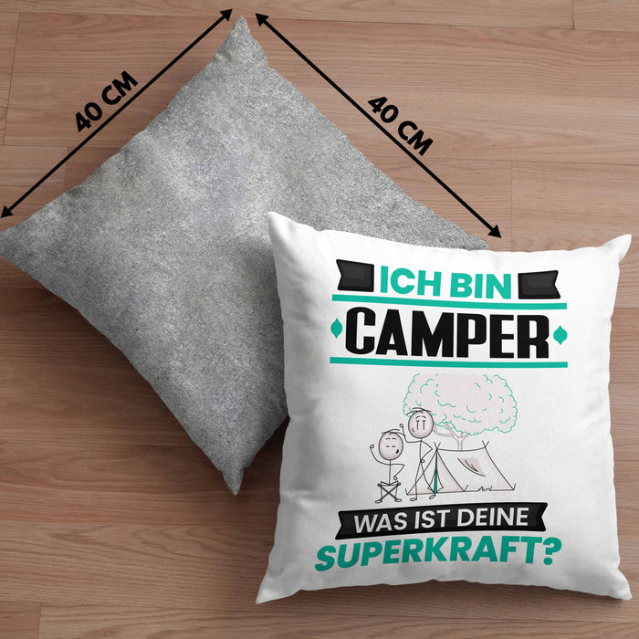 Camper Kissen mit Füllung 40x40 Geschenk für Camper Geburtstag Lustiger Spruch Was Ist Deine Superkraft (Grau) Grau Trendation