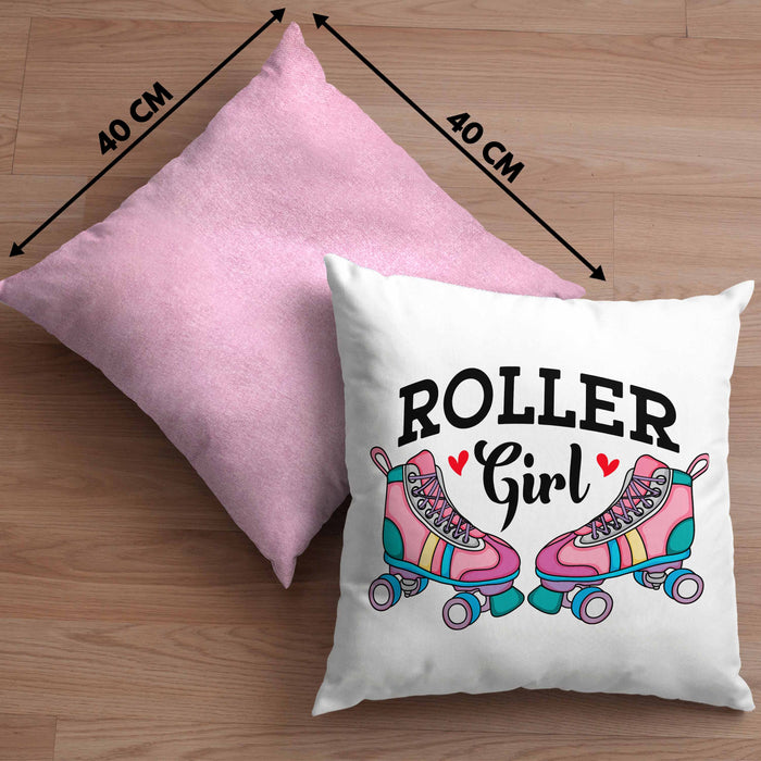Rollschuh Kissen mit Füllung 40x40 Geschenk für Roller Girls "Roller Girl" Nostalgie 80er 90er Jahre (Grau) Rosa Trendation