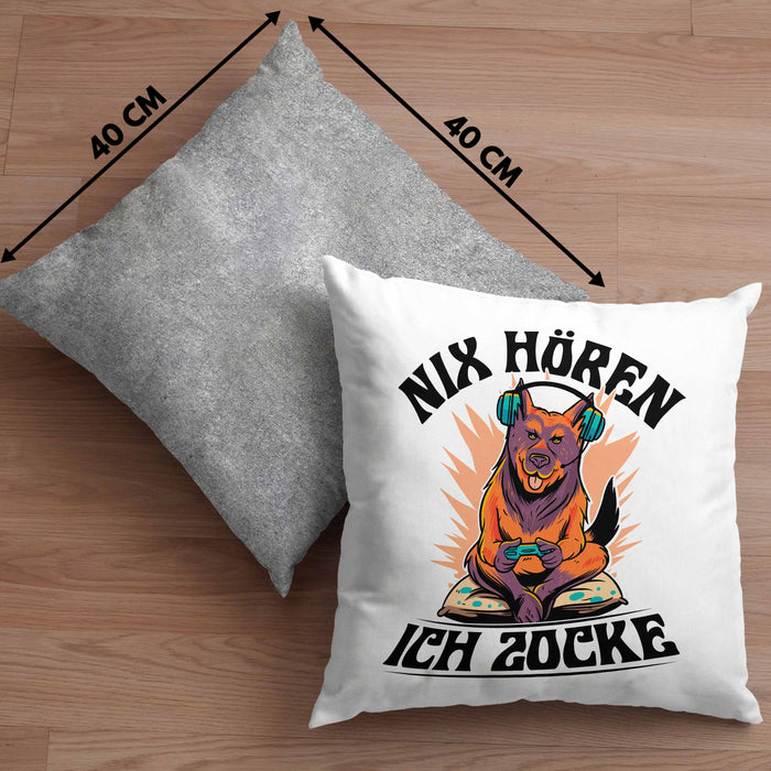 Zocker Geschenk Kissen mit Füllung 40x40 Nix Hören ich Zocke Jungs Jungen Geschenkidee zum Zocken (Grau) Grau Trendation