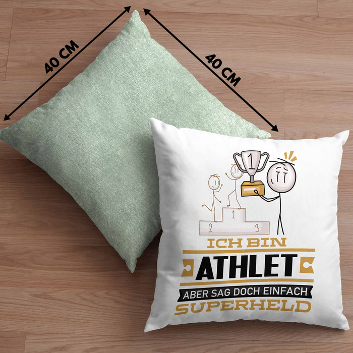 Athlet Geschenk Kissen mit Füllung 40x40 Ich Bin Athlet Aber Sag Doch Einfach Superheld Lustige Geschenkdiee für Athlet (Grau) Grün Trendation