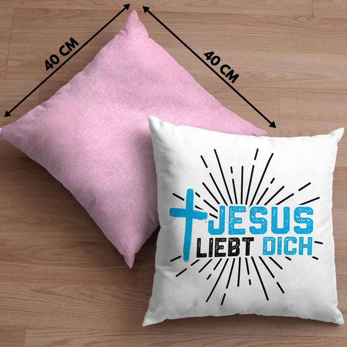 Jesus Liebt Dich Kissen mit Füllung 40x40 Geschenk Ostern Christentum Kirche Gläubiger Geschenkidee Häferl (Grau) Rosa Trendation
