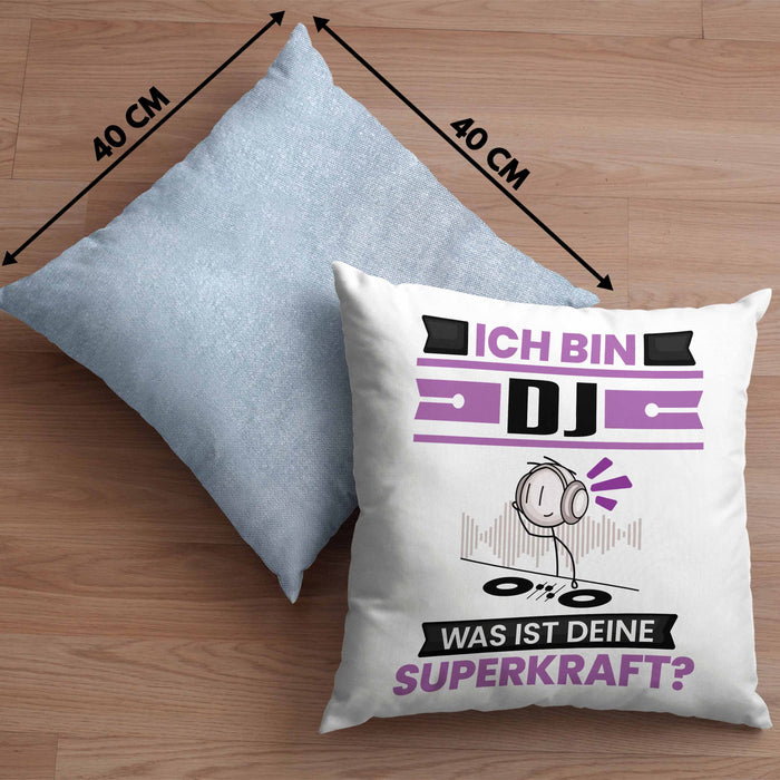 DJ Kissen mit Füllung 40x40 Geschenk für DJ Geburtstag Lustiger Spruch Was Ist Deine Superkraft (Grau) Blau Trendation