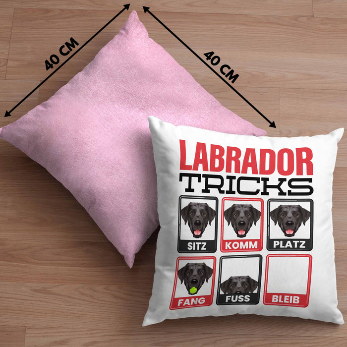 Labrador Besitzer Kissen mit Füllung 40x40 Geschenk Lustiger Spruch Geschenkidee Labrador Tricks Bleib (Grau) Rosa Trendation