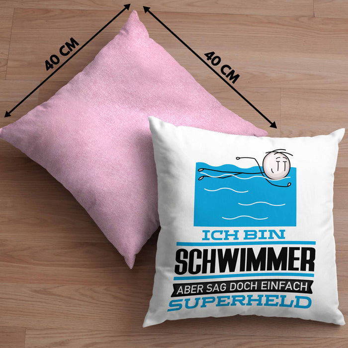 Schwimmer Geschenk Kissen mit Füllung 40x40 Ich Bin Schwimmer Aber Sag Doch Einfach Superheld Lustige Geschenkdiee für Schwimmer (Grau) Rosa Trendation