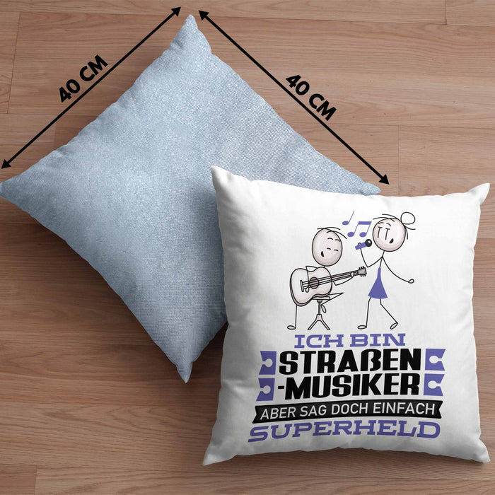Straßenmusiker Geschenk Kissen mit Füllung 40x40 Ich Bin Straßenmusiker Aber Sag Doch Einfach Superheld Lustige Geschenkdiee für Straßenmusiker (Grau) Blau Trendation