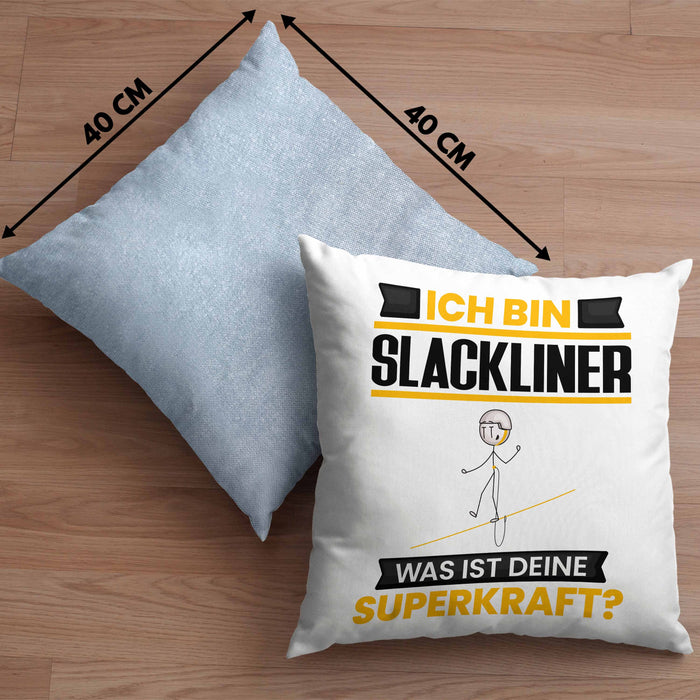 Slackliner Kissen mit Füllung 40x40 Geschenk für Slackliner Geburtstag Lustiger Spruch Was Ist Deine Superkraft (Grau) Blau Trendation