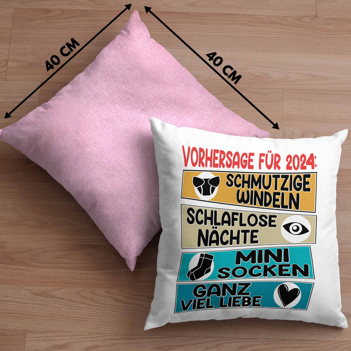Schwangerschaft Verkünden 2024 Kissen mit Füllung 40x40 Geschenk Mann Vorhersage für 2024 Schmutzige Windeln Schlaflose Nächte (Grau) Rosa Trendation