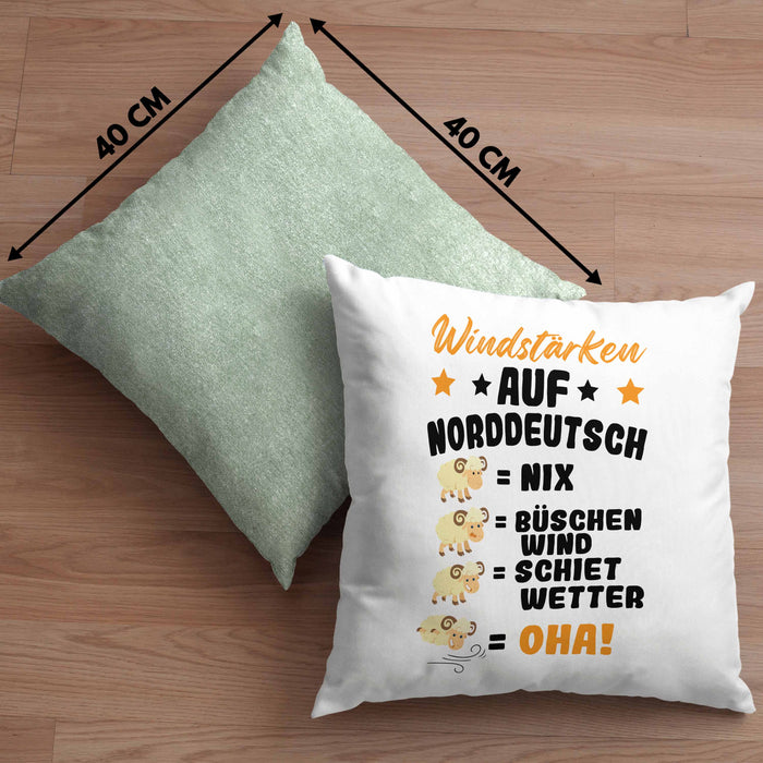 Windstärken Auf Norddeutsch Kissen mit Füllung 40x40 Geschenk Norddeutschland Spruch Büschen Wind Schiet Wetter (Grau) Grün Trendation