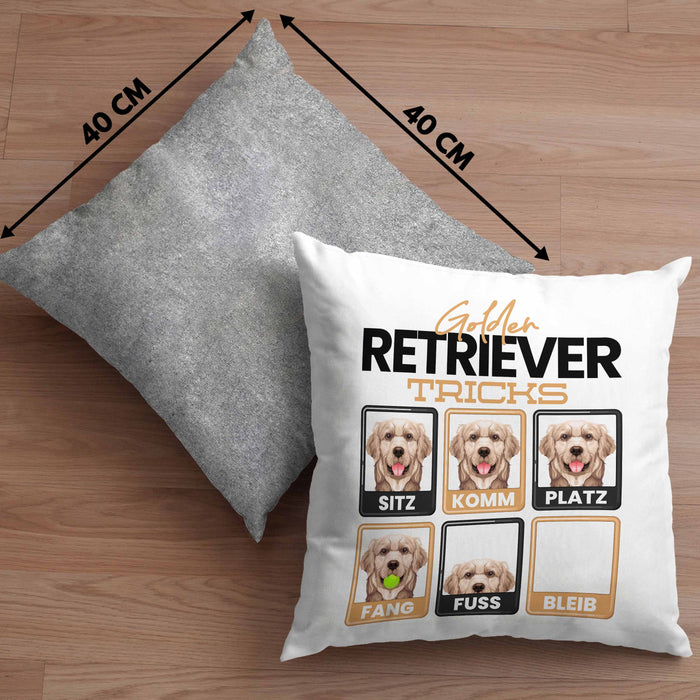 Golden Retriever Besitzer Kissen mit Füllung 40x40 Geschenk Lustiger Spruch Geschenkidee Golden Retriever Tricks Bleib (Grau) Grau Trendation