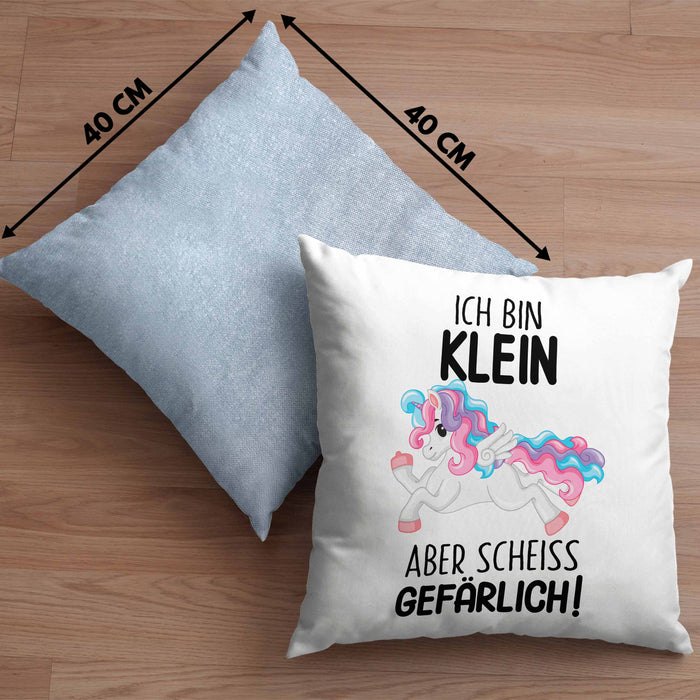 Lustige Ich Bin Klein Aber Gefährlich Kissen mit Füllung 40x40 Mit Spruch Einhorn Geschenk Mama Freundin Kollegin Geschenkidee Arbeit Frauen (Grau) Blau Trendation