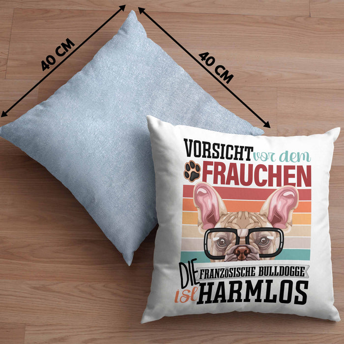 Französische Bulldogge Besitzerin Frauchen Kissen mit Füllung 40x40 Geschenk Lustiger Spruch Geschenkidee Vorsicht Vor Dem Frauchen (Grau) Blau Trendation