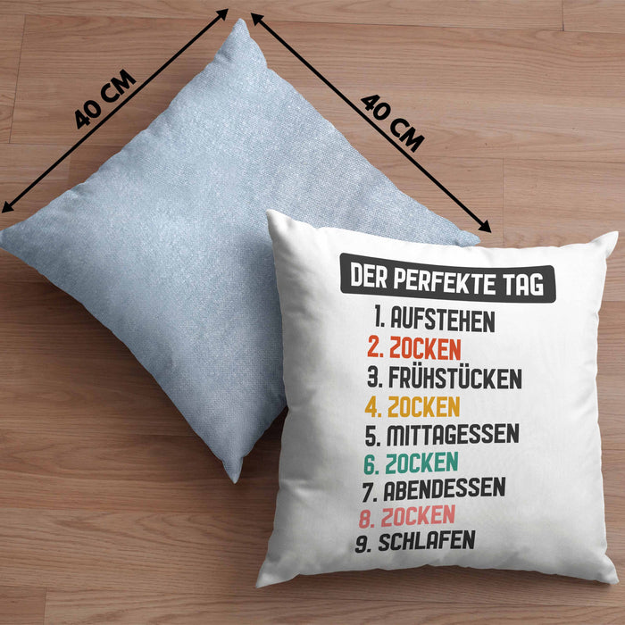 Zocker Gamer Kissen mit Füllung 40x40 mit Spruch Geschenk Junge Jungs Gaming Der Perfekte Tag (Grau) Blau Trendation