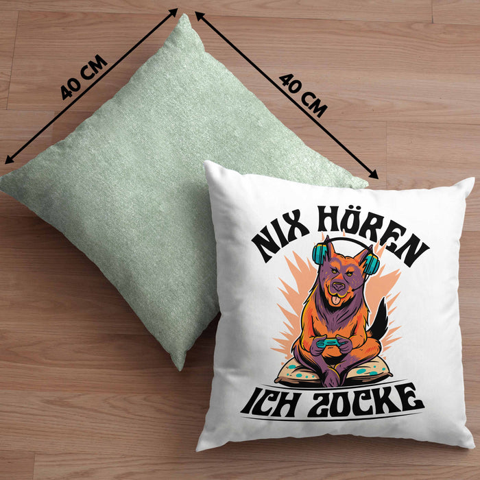 Zocker Geschenk Kissen mit Füllung 40x40 Nix Hören ich Zocke Jungs Jungen Geschenkidee zum Zocken (Grau) Grün Trendation