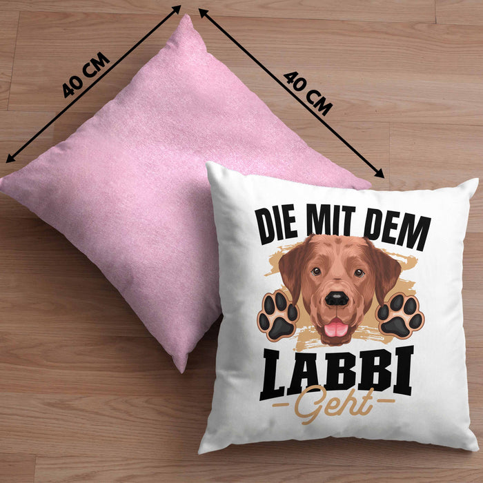 Die Mit Dem Labbi Geht Kissen mit Füllung 40x40 Gassi Gehen Labrador Besitzerin Geschenkidee Frauchen Geschenk (Grau) Rosa Trendation
