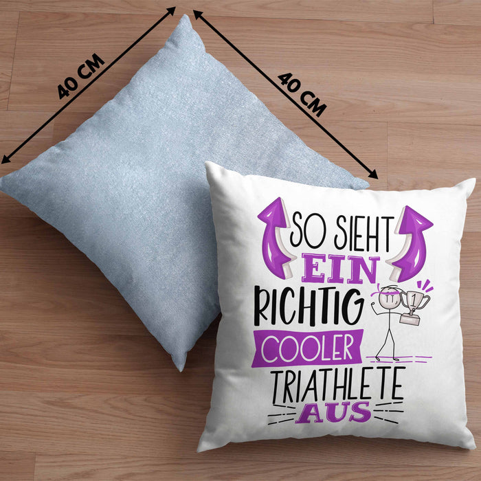 Triathlete Kissen mit Füllung 40x40 Geschenk So Sieht Ein RIchtig Cooler Triathlete Aus Geschenkidee Lustiger Spruch Geburtstag (Grau) Blau Trendation