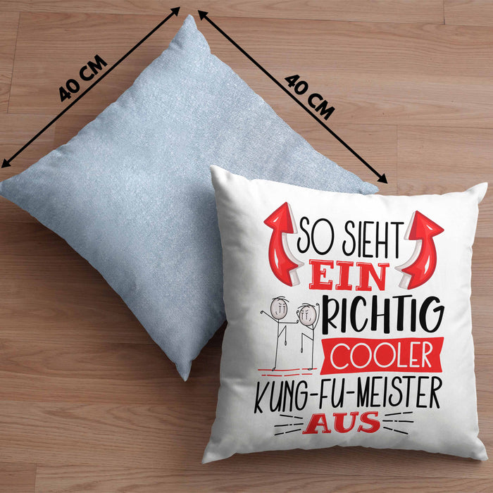 Kung-Fu Kissen mit Füllung 40x40 Geschenk So Sieht Ein Richtig Cooler Kung-Fu Aus Geschenkidee Spruch Lustig (Grau) Blau Trendation